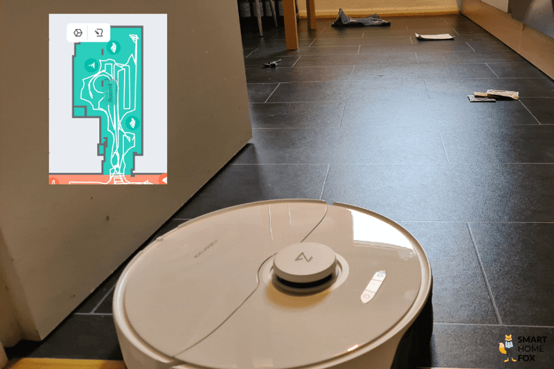 Das Ergebnis des Roborock S8 Pro Ultra beim Hinderniserkennungstest von Küchengegenständen ist zu sehen.